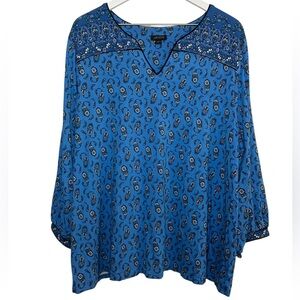 J. Jill Wearever Boho Paisley Floral Balloon Sleeve Blouse Mature Blue 2X